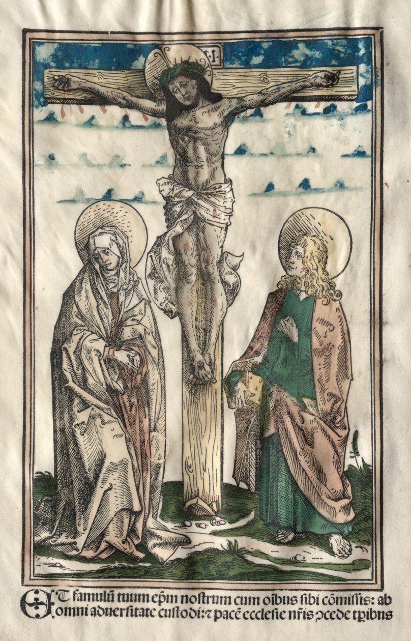 Kristus ristillä Marian ja Johanneksen välillä, 1502. tekijältä Hans Burgkmair