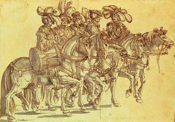 Viisi rumpalia hevosen selässä, n. 1500 (kynä ja muste ja pesu paperille) tekijältä Hans Burgkmair