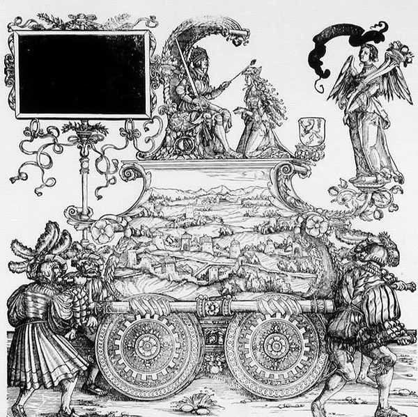 Kohtaus Maximilianin voittokulkueesta, n. 1516–1518 (puupiirros) (m/v kuva) tekijältä Hans Burgkmair