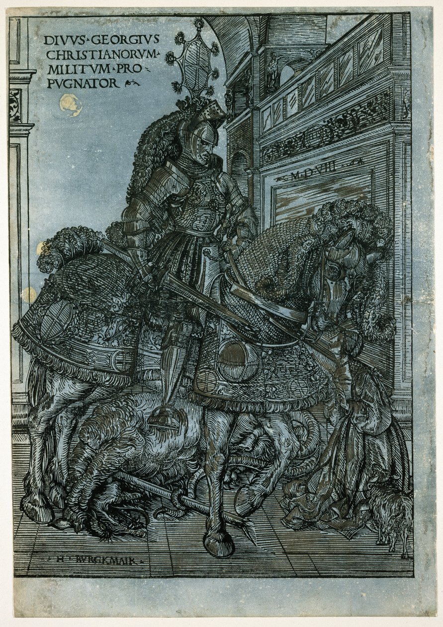 Pyhä Yrjö hevosen selässä, 1508 (chiaroscuro-puupiirros) tekijältä Hans Burgkmair