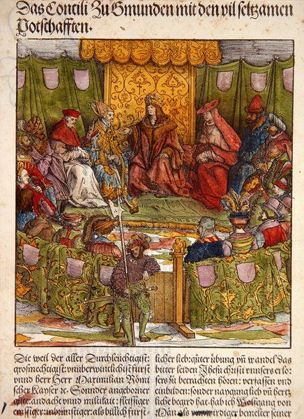 Gmundenin kirkolliskokous tärkeiden ulkomaisten vierailijoiden kanssa, "Der Weisskunigista", n. 1515 (käsinvärinen puupiirros) tekijältä Hans Burgkmair