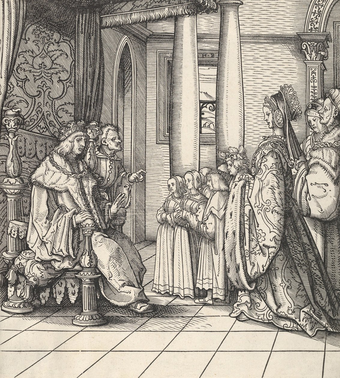 Valkoinen kuningas vastaanottaa tyttärensä Margaretin ja kuningas Philipin lapset, Der Weisskunig, 1514-16 tekijältä Hans Burgkmair