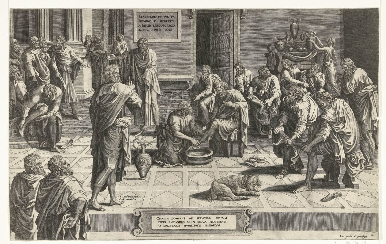 Kristus wast de voeten van de discipelen Kaiken Herra kumartuu polvilleen pestäkseen palvelijoidensa jalat, esimerkki ainutlaatuisesta nöyryydestä (otsikko esineessä) tekijältä Hans Collaert (I) (attributed to)