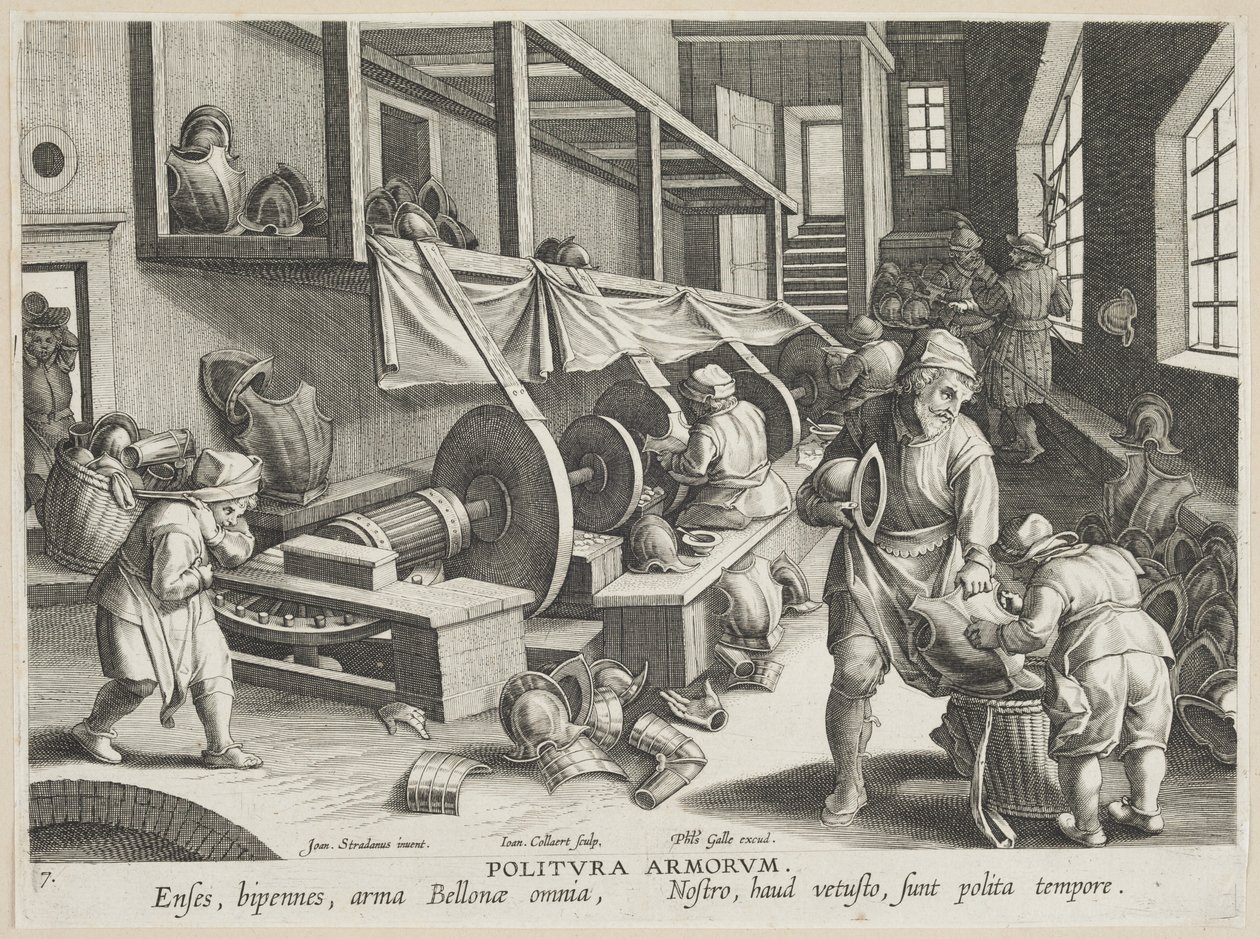 Politura Armorum (kiillotusvarret), levy 17 sarjasta Nova Reperta (Modern Discoveries) n. 1588 (kaiverrus paperille) tekijältä Hans Collaert