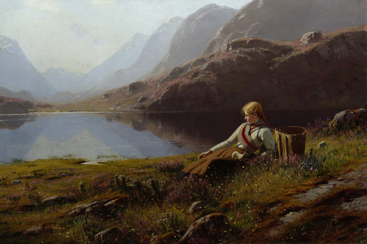 Tyttö Knitting by the Mountain Lake (öljy kankaalle) tekijältä Hans Dahl