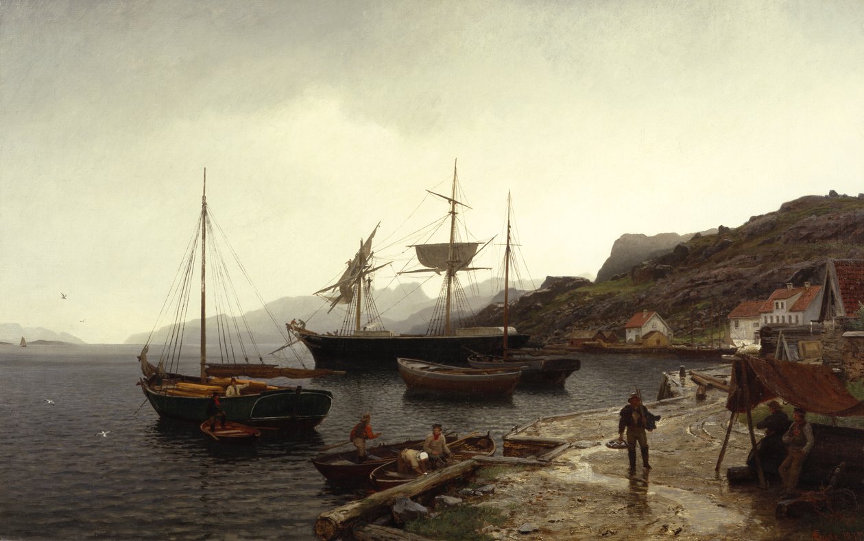 Kalastussmakki (vene) satamassa, Kleven, Mandal tekijältä Hans Gude