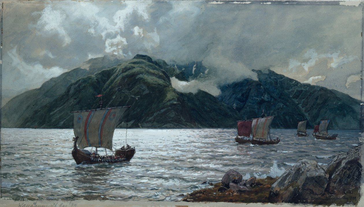 Viikinkilaivat, Sognefjord (akvarelli, kynä, lyijykynä ja guassi paperille) tekijältä Hans Gude