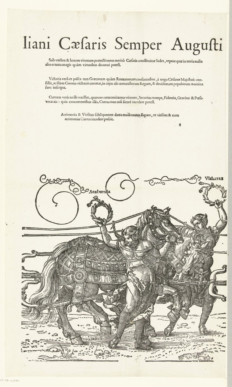 Triomfwagen van Keiser Maximiliaan I Kopieën naar Dürers Triomfwagen voor keizer Maximiliaan I (sarjan nimi) Tämä on voittovaunu Invictuksen kunniaksi. Ja Loistavin prinssi D. Maximilianus Caesaris Semper Augustus, Ja Albertuksen kautta tekijältä Hans Guldenmund