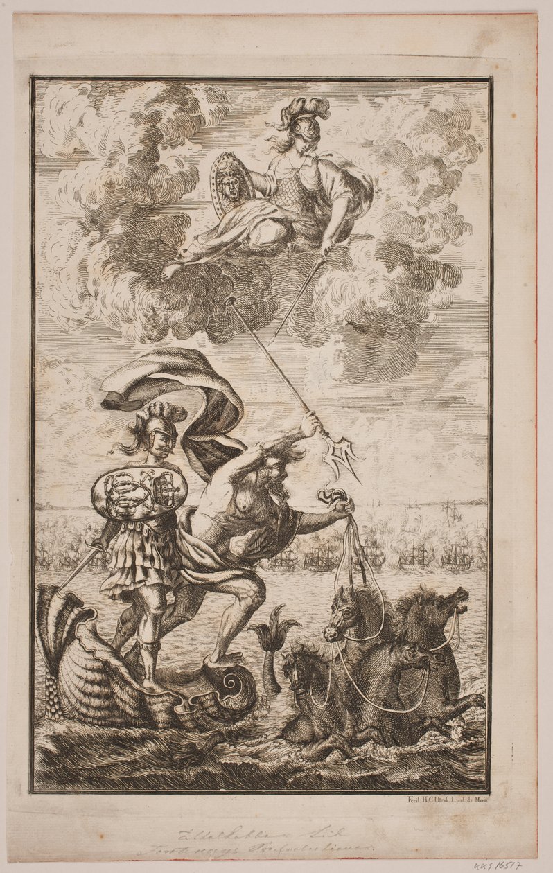 Neptunus ryntää meren yli. Nimisivu Fontenaylle, "Söe-Evolution"; Kööpenhamina 1743 tekijältä Hans Henrich Christian Ulrich