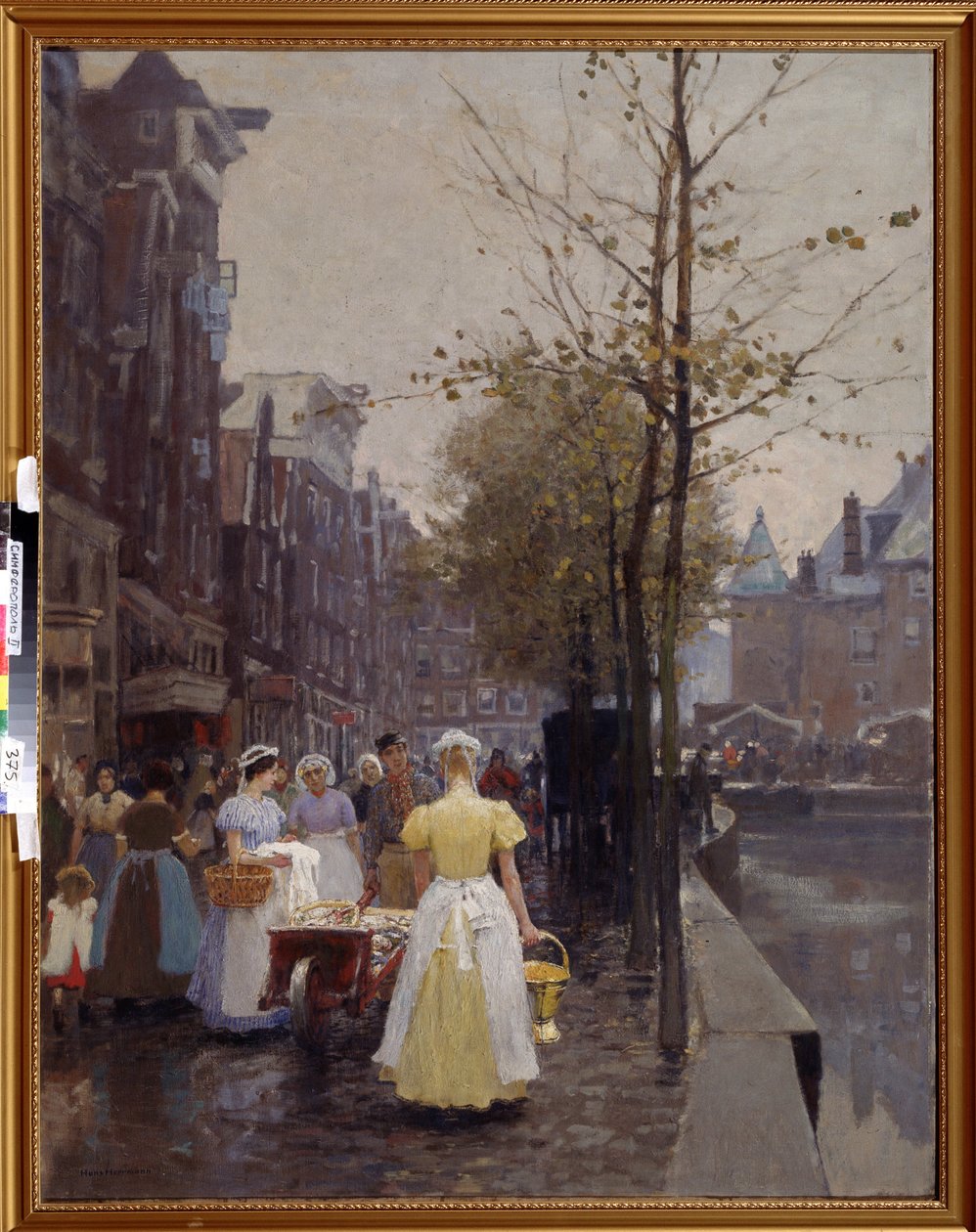 ""Lokakuun aamu Amsterdamin kaduilla"" (An October Morning in Amsterdam) Palvelijat ovat kiireisiä kaduilla. Hans Hermannin (1813-1890) maalaus 1800-luvun alueellinen taidemuseo, Simferopol, Ukraina tekijältä Hans Hermann
