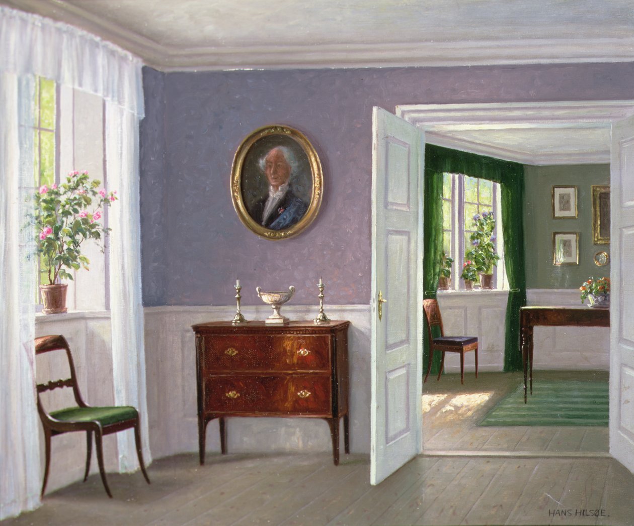 Auringon valaisema sisätila (öljy kankaalle) tekijältä Hans Hilsoe