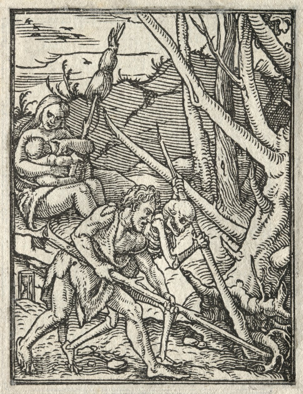 Kuoleman tanssi: Karkotus paratiisista, Adam viljelee maata. tekijältä Hans Holbein