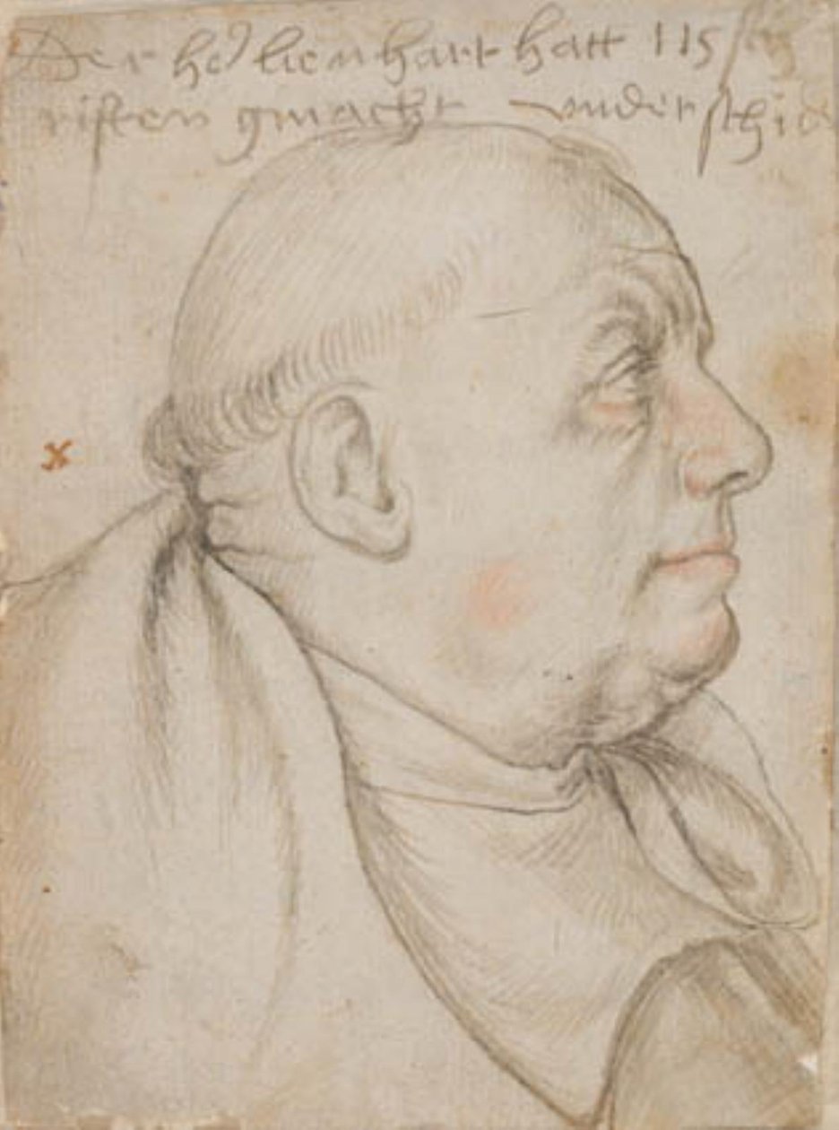 Kalligrafi Leonhard Wagnerin, lempinimeltään Würtslin, Augsburgin Pyhän Ulrichin ja Afran munkin muotokuva profiilissa oikealla tekijältä Hans Holbein d.Æ.