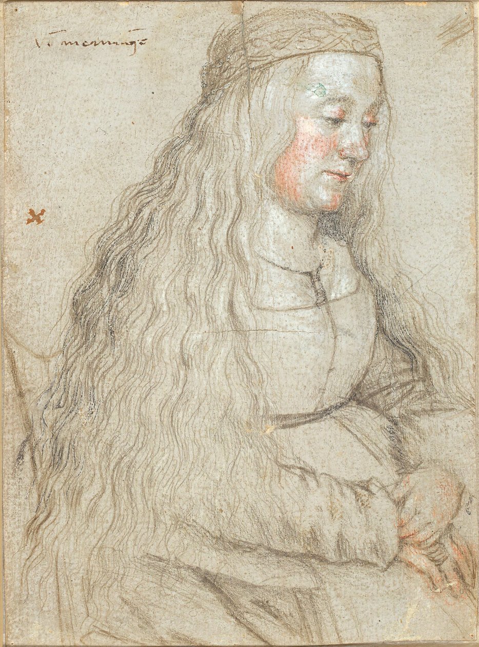 Istuva morsian, jossa on kiiltävät hiukset ja sanka tekijältä Hans Holbein d.Æ.
