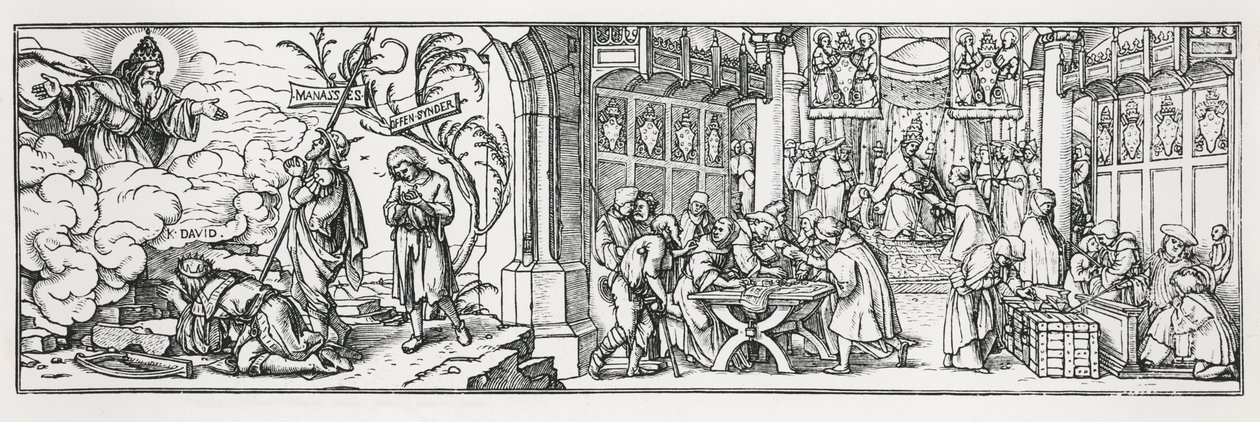 Anti-katolinen pilapiirros, jossa tuomitaan paavin korruptio tekijältä Hans Holbein der Jüngere