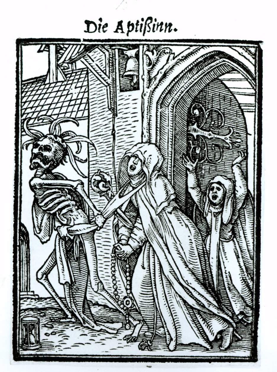 Kuolema ja apottitar, teoksesta "Kuoleman tanssi", kaiverrus Hans Lutzelburger, n. 1538 tekijältä Hans Holbein der Jüngere