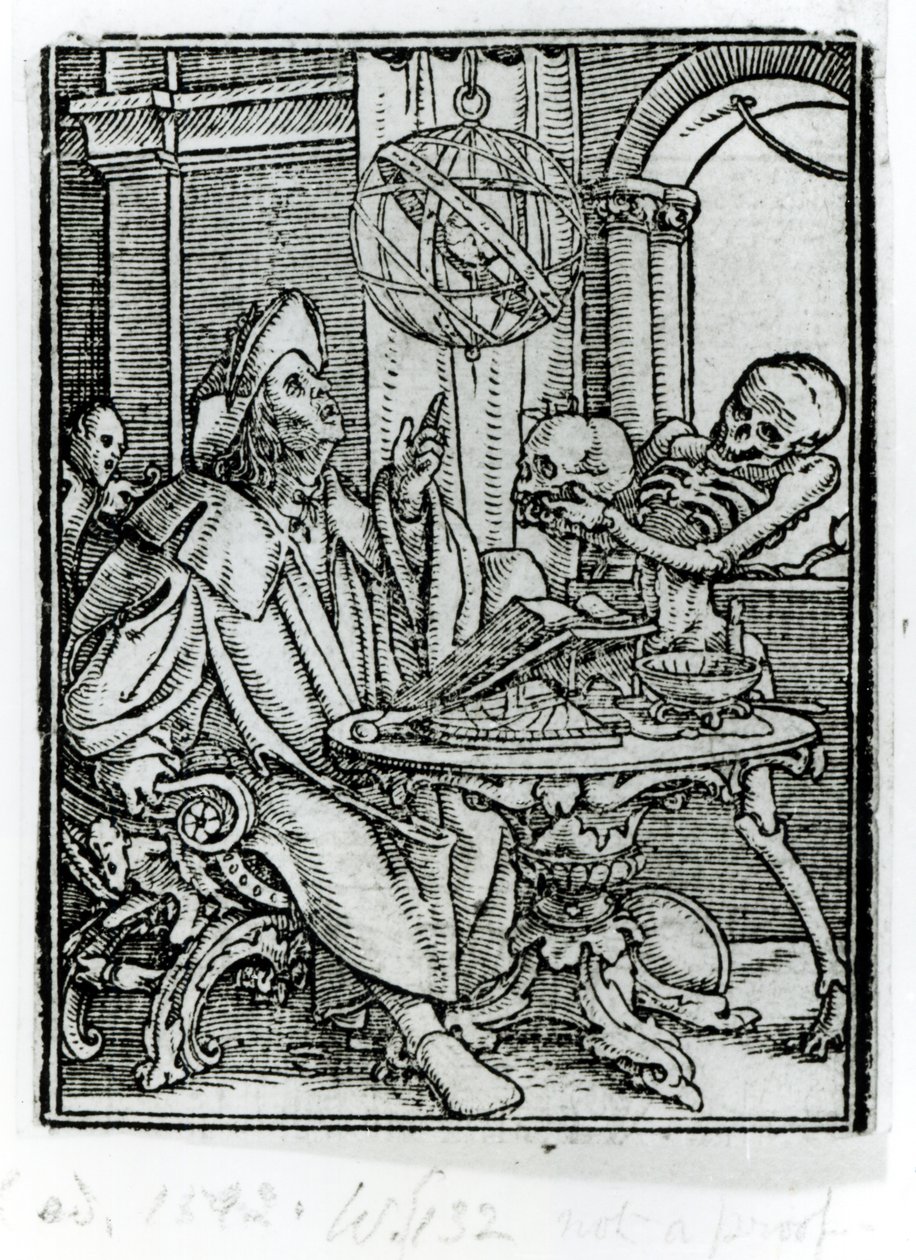 Kuolema ja tähtitieteilijä, teoksesta "Kuoleman tanssi", kaiverrus Hans Lutzelburger, n. 1538 tekijältä Hans Holbein der Jüngere