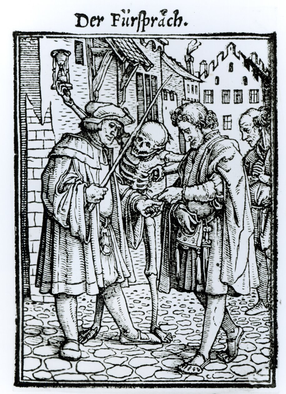 Kuolema ja asianajaja, teoksesta "Kuoleman tanssi", kaiverrus Hans Lutzelburger, n. 1538 tekijältä Hans Holbein der Jüngere