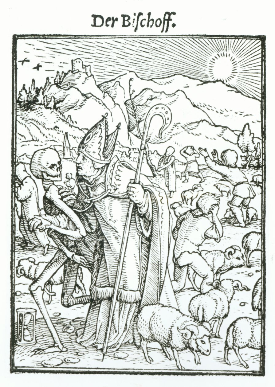 Kuolema ja piispa, teoksesta "Kuoleman tanssi", kaiverrettu Hans Lutzelburgerin toimesta, n. 1538. tekijältä Hans Holbein der Jüngere
