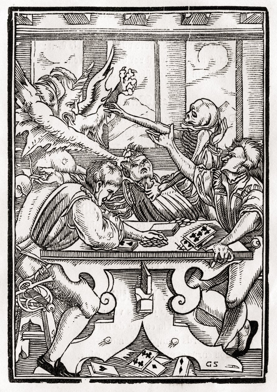 Kuolema ja paholainen tulevat korttisoittimelle, kaiverrettu Georg Scharffenberg, "Der Todten Tanz", julkaistu Basel, 1843 tekijältä Hans Holbein der Jüngere