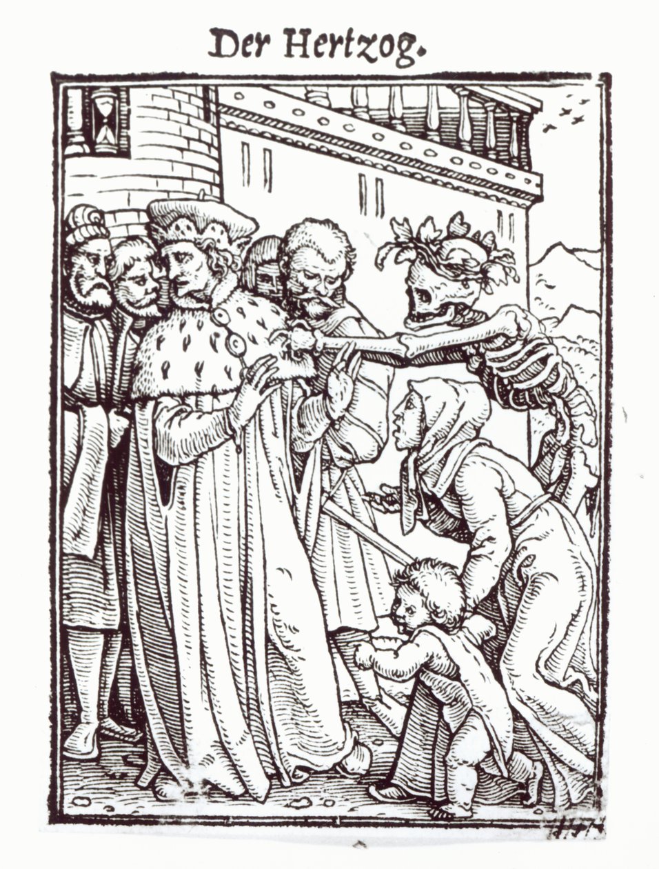 Kuolema ja herttua, teoksesta "Kuoleman tanssi", kaiverrus Hans Lutzelburger, n. 1538 tekijältä Hans Holbein der Jüngere