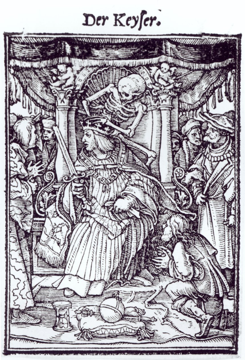 Kuolema ja keisari, teoksesta "Kuoleman tanssi", Hans Lutzelburgerin kaiverrus, n. 1538 tekijältä Hans Holbein der Jüngere