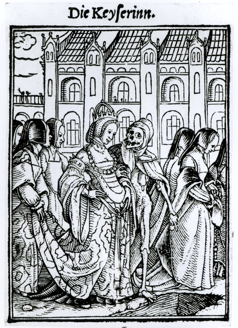 Kuolema ja keisarinna, teoksesta "Kuoleman tanssi", kaiverrus Hans Lutzelburger, n. 1538 tekijältä Hans Holbein der Jüngere