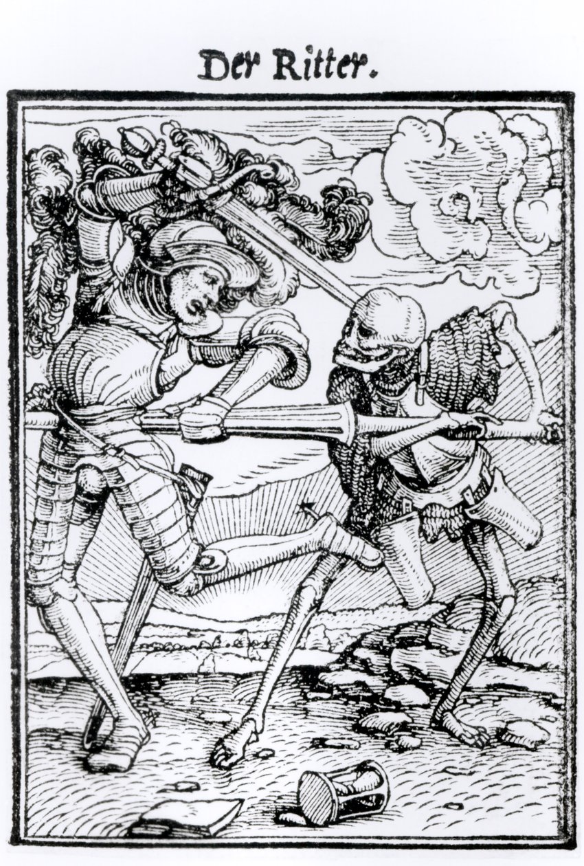 Kuolema ja ritari, teoksesta "Kuoleman tanssi", kaiverrus Hans Lutzelburger, n. 1538 tekijältä Hans Holbein der Jüngere