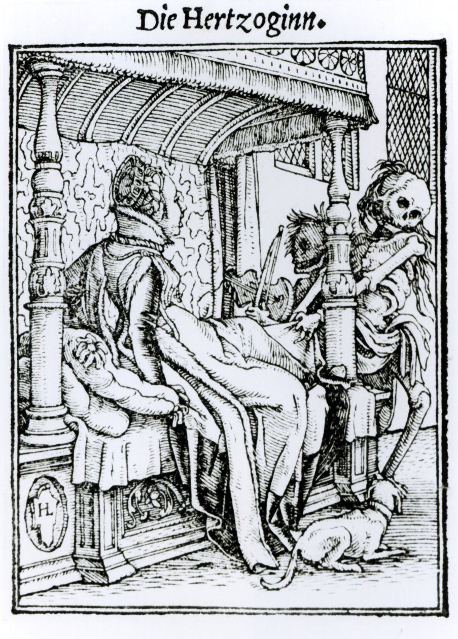 Kuolema ja nainen, teoksesta "Kuoleman tanssi", kaiverrus Hans Lutzelburger, n. 1538 tekijältä Hans Holbein der Jüngere