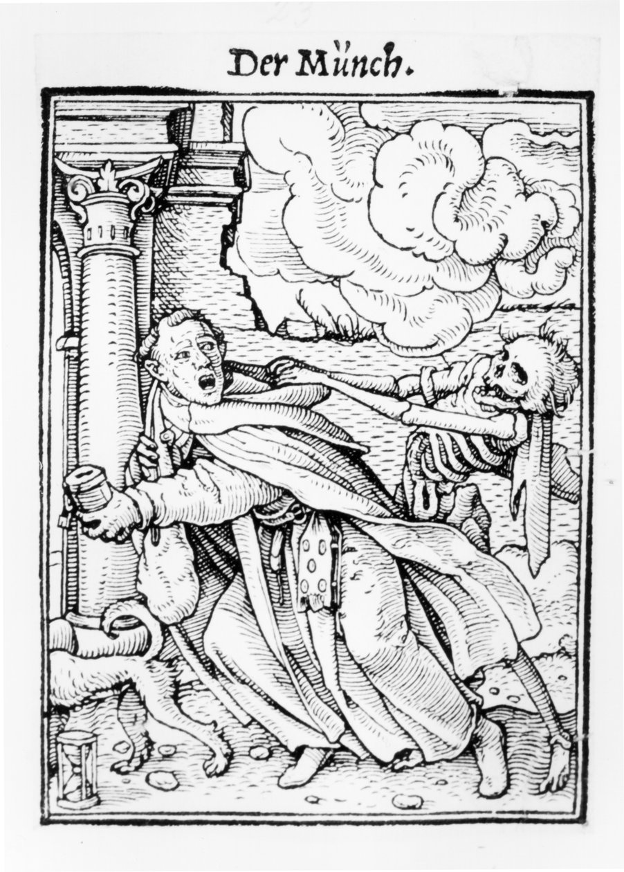 Death and the mendicant frar, teoksesta "Kuoleman tanssi", kaiverrus Hans Lutzelburger, n. 1538 tekijältä Hans Holbein der Jüngere