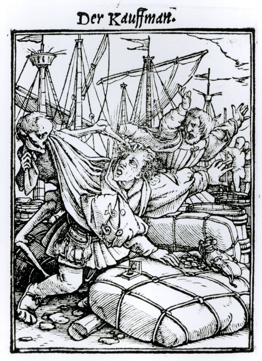 Kuolema ja kauppias, teoksesta "Kuoleman tanssi", kaiverrus Hans Lutzelburger, n. 1538 tekijältä Hans Holbein der Jüngere