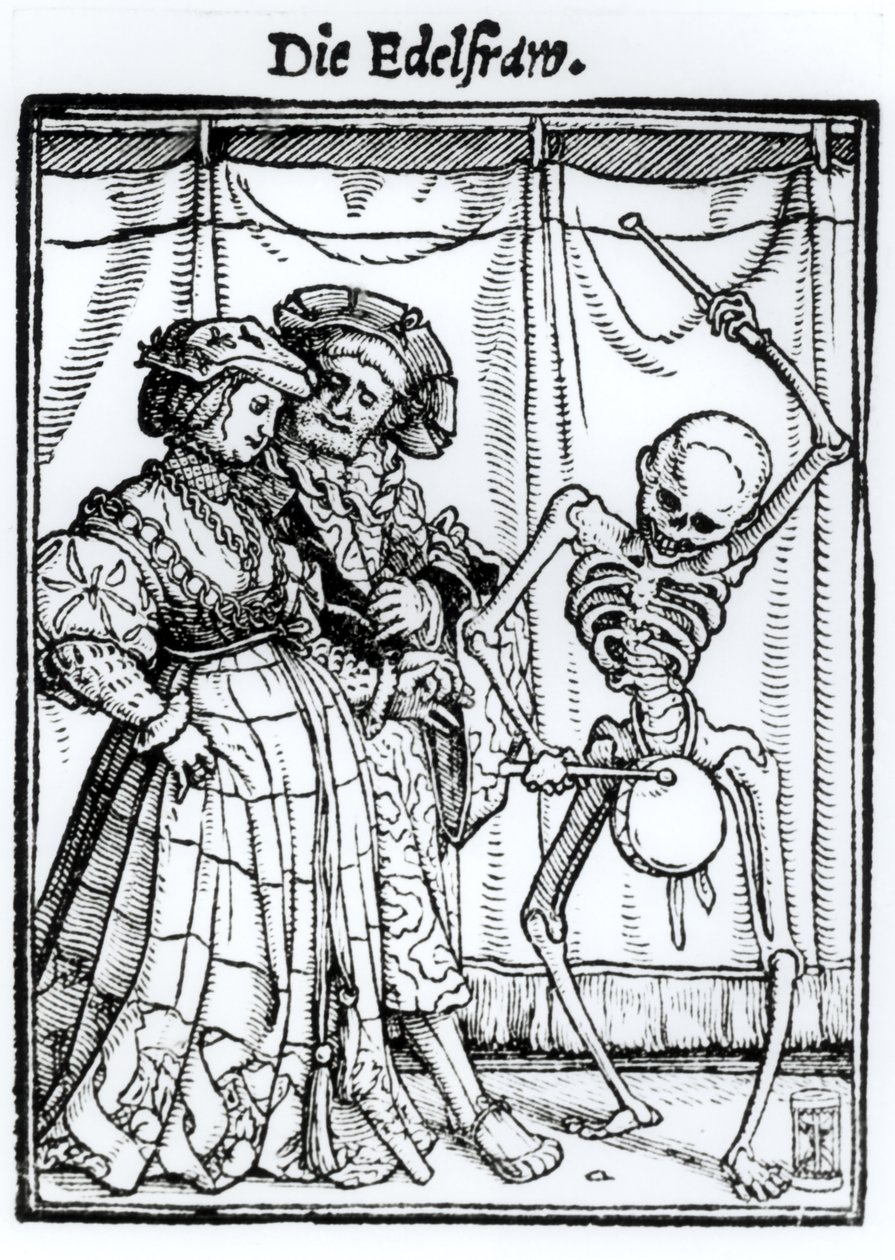 Kuolema ja aatelisnainen, kuvateoksesta "Kuoleman tanssi", kaiverrettu Hans Lutzelburgerin toimesta, noin 1538. tekijältä Hans Holbein der Jüngere