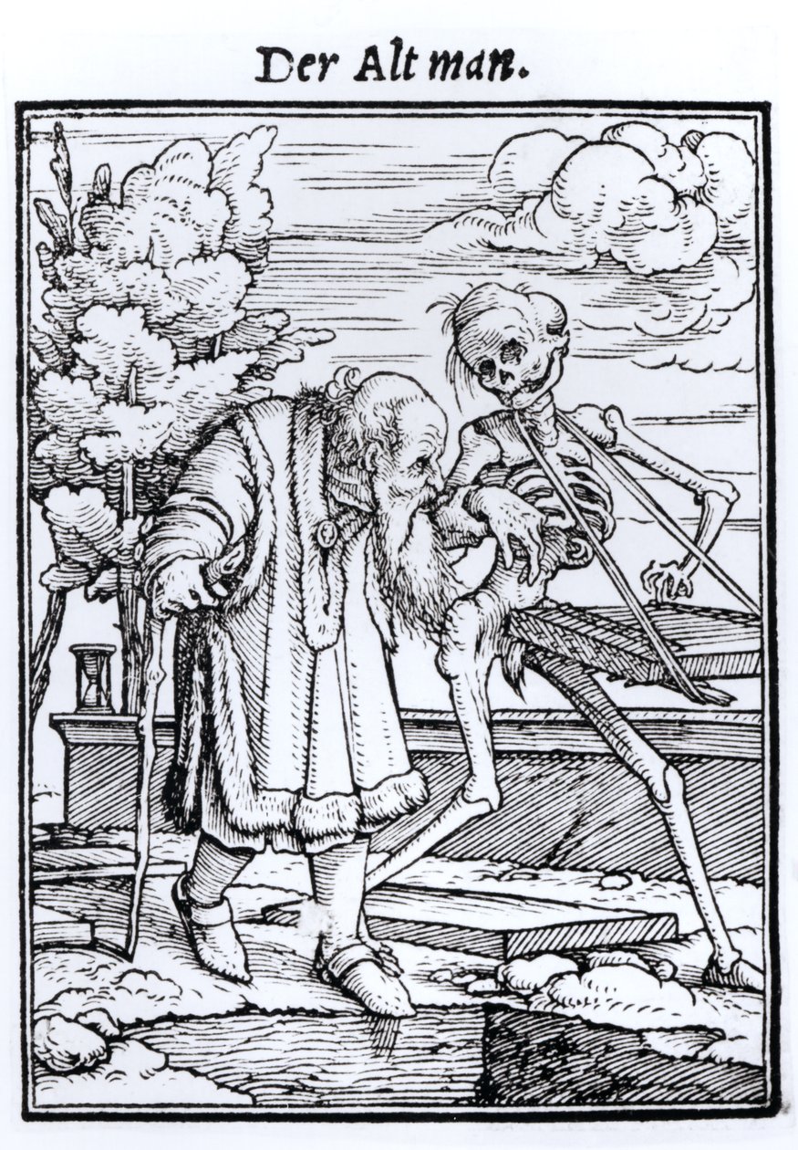 Kuolema ja vanha mies, teoksesta "Kuoleman tanssi", kaiverrus Hans Lutzelburger, n. 1538 tekijältä Hans Holbein der Jüngere