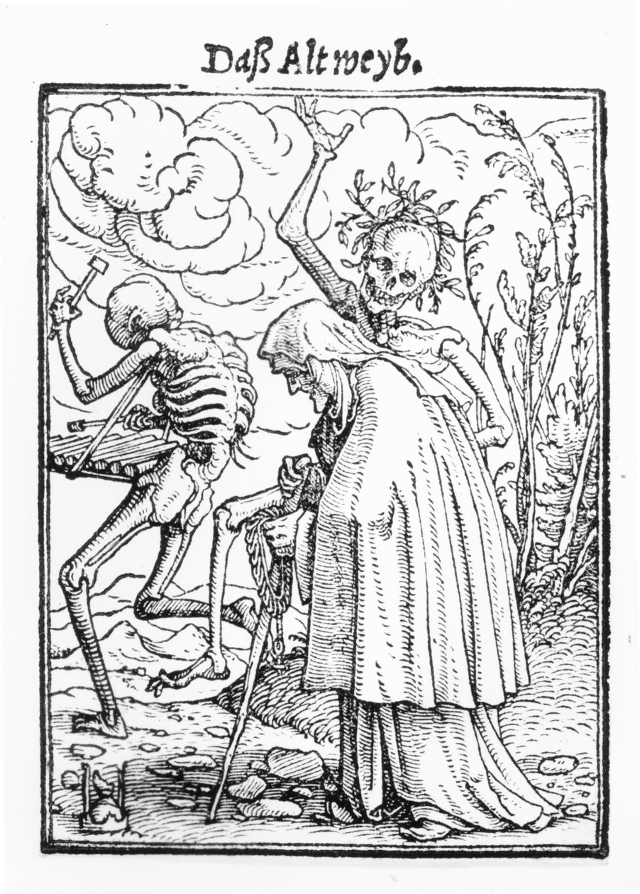 Kuolema ja vanha nainen, teoksesta "Kuoleman tanssi", kaiverrus Hans Lutzelburger, n. 1538 (puupiirros) (bw kuva) tekijältä Hans Holbein der Jüngere