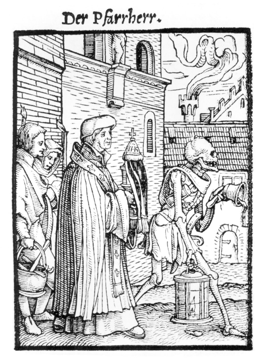 Kuolema ja seurakunnan pappi, teoksesta "Kuoleman tanssi", kaiverrus Hans Lutzelburger, n. 1538 tekijältä Hans Holbein der Jüngere