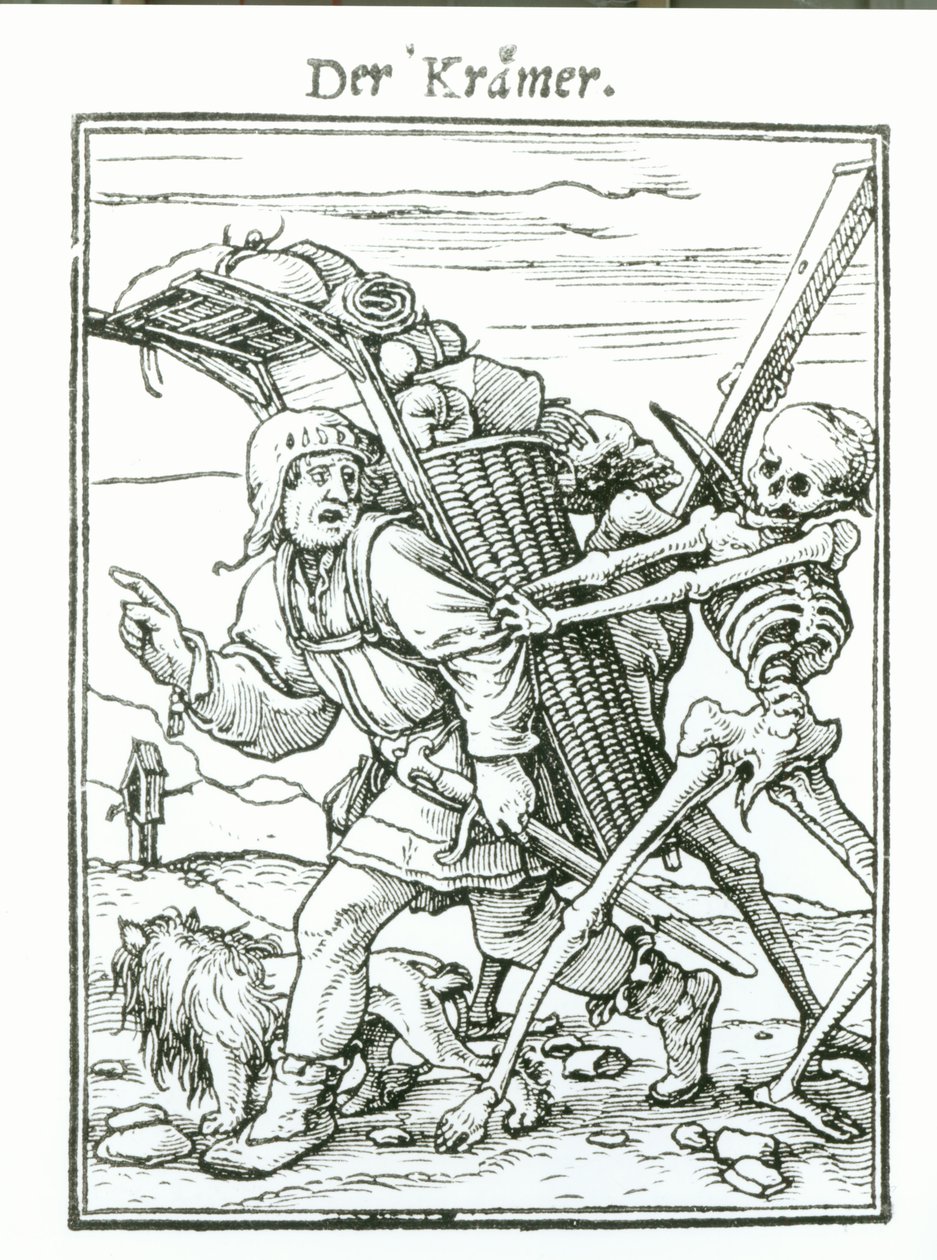 Death and the Pedlar, teoksesta "Kuoleman tanssi", kaiverrus Hans Luutzelburger, n. 1538 tekijältä Hans Holbein der Jüngere