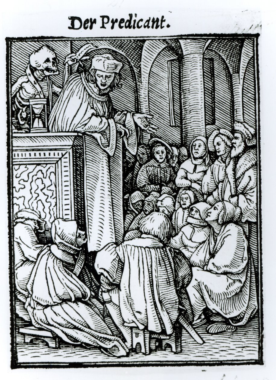 Kuolema ja saarnaaja, teoksesta "Kuoleman tanssi", kaiverrus Hans Lutzelburger, n. 1538 tekijältä Hans Holbein der Jüngere