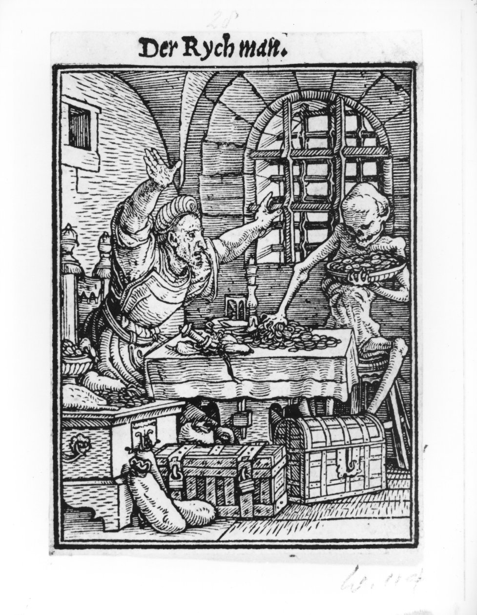 Kuolema ja rikas mies, teoksesta "Kuoleman tanssi", kaiverrus Hans Lutzelburger, n. 1538 tekijältä Hans Holbein der Jüngere