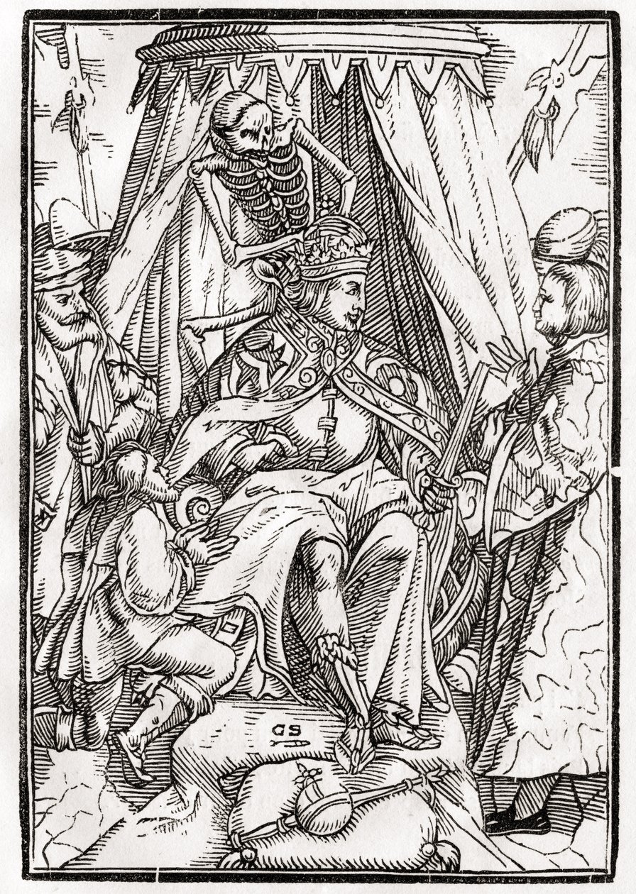 Kuolema tulee keisarille, kaiverrus Georg Scharffenberg, "Der Todten Tanz", julkaistu Basel, 1843 tekijältä Hans Holbein der Jüngere