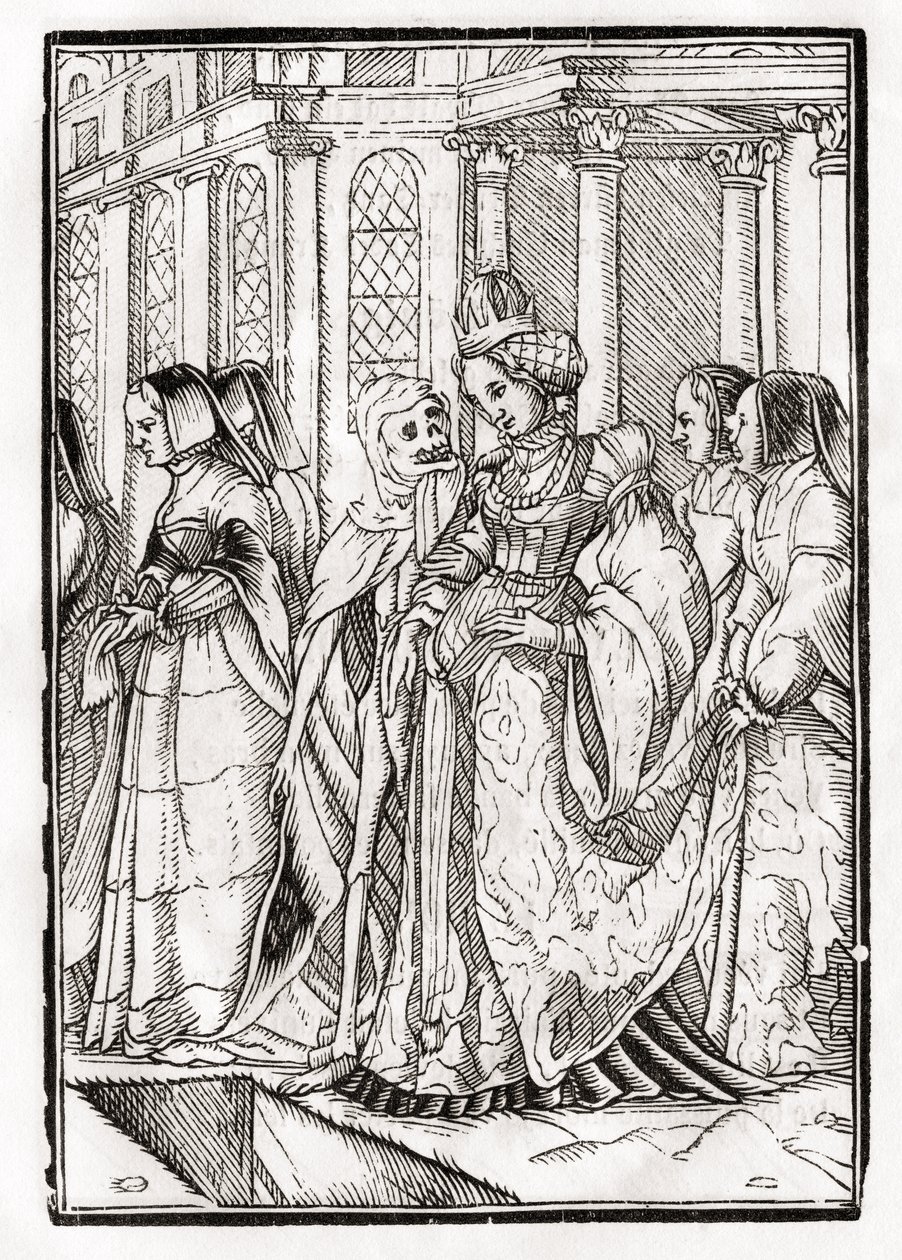 Kuolema keisarinnalle, kaiverrus Georg Scharffenberg, "Der Todten Tanz", julkaistu Basel, 1843 (litho) tekijältä Hans Holbein der Jüngere