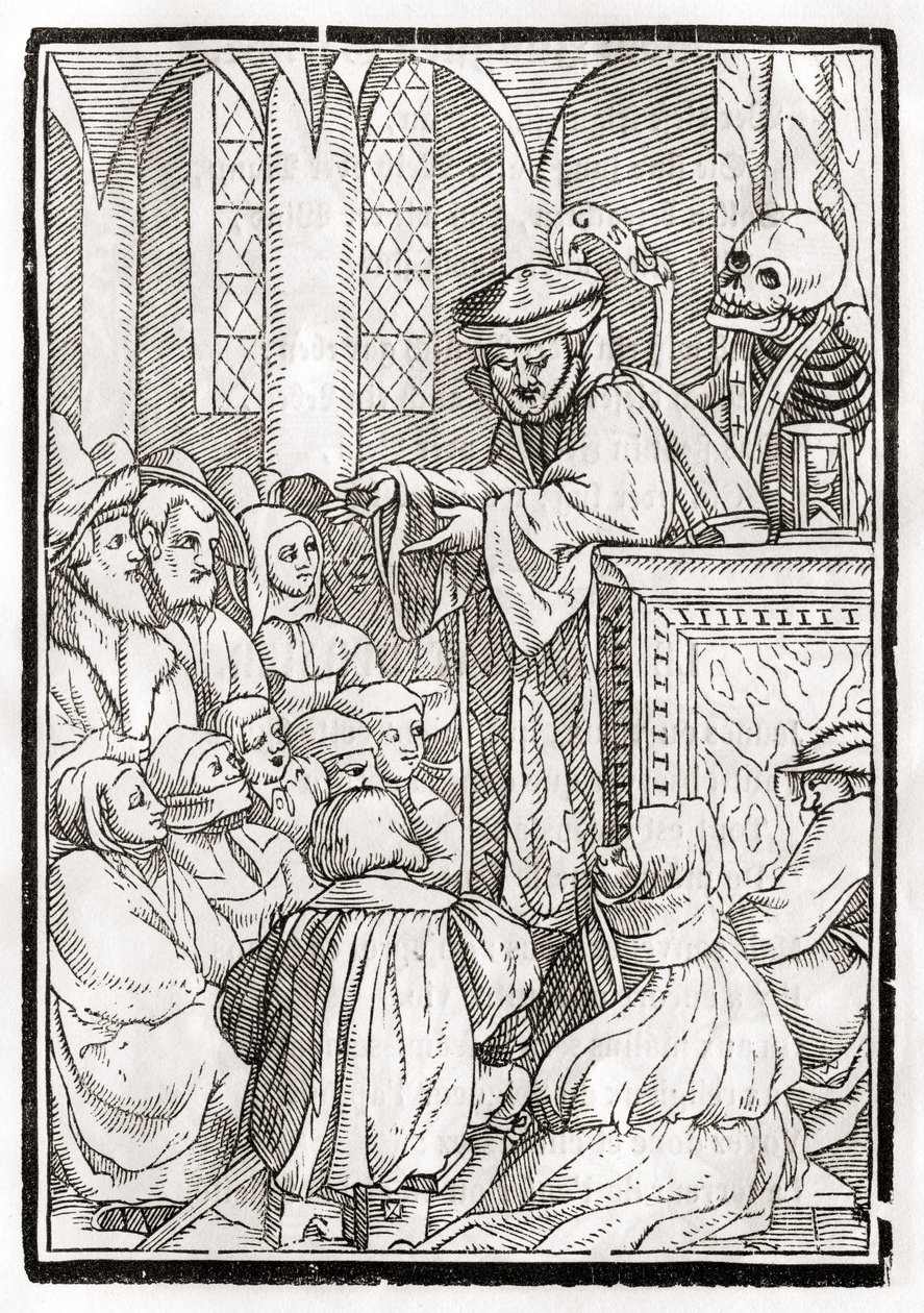 Kuolema tulee saarnaajalle, kaiverrus Georg Scharffenberg, "Der Todten Tanz", julkaistu Basel, 1843 tekijältä Hans Holbein der Jüngere