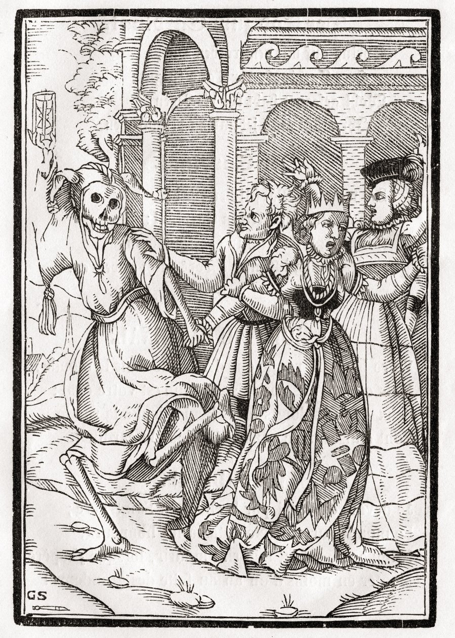 Kuolema tulee kuningattarelle, kaiverrettu Georg Scharffenberg, "Der Todten Tanz", julkaistu Basel, 1843 tekijältä Hans Holbein der Jüngere
