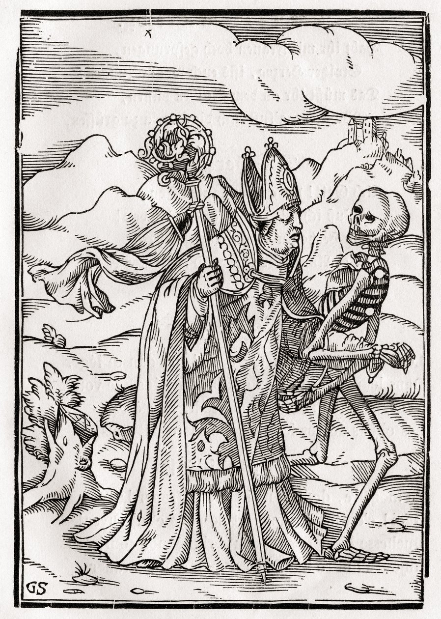Kuolema piispalle, kaiverrus Georg Scharffenberg, "Der Todten Tanz", julkaistu Basel, 1843 tekijältä Hans Holbein der Jüngere