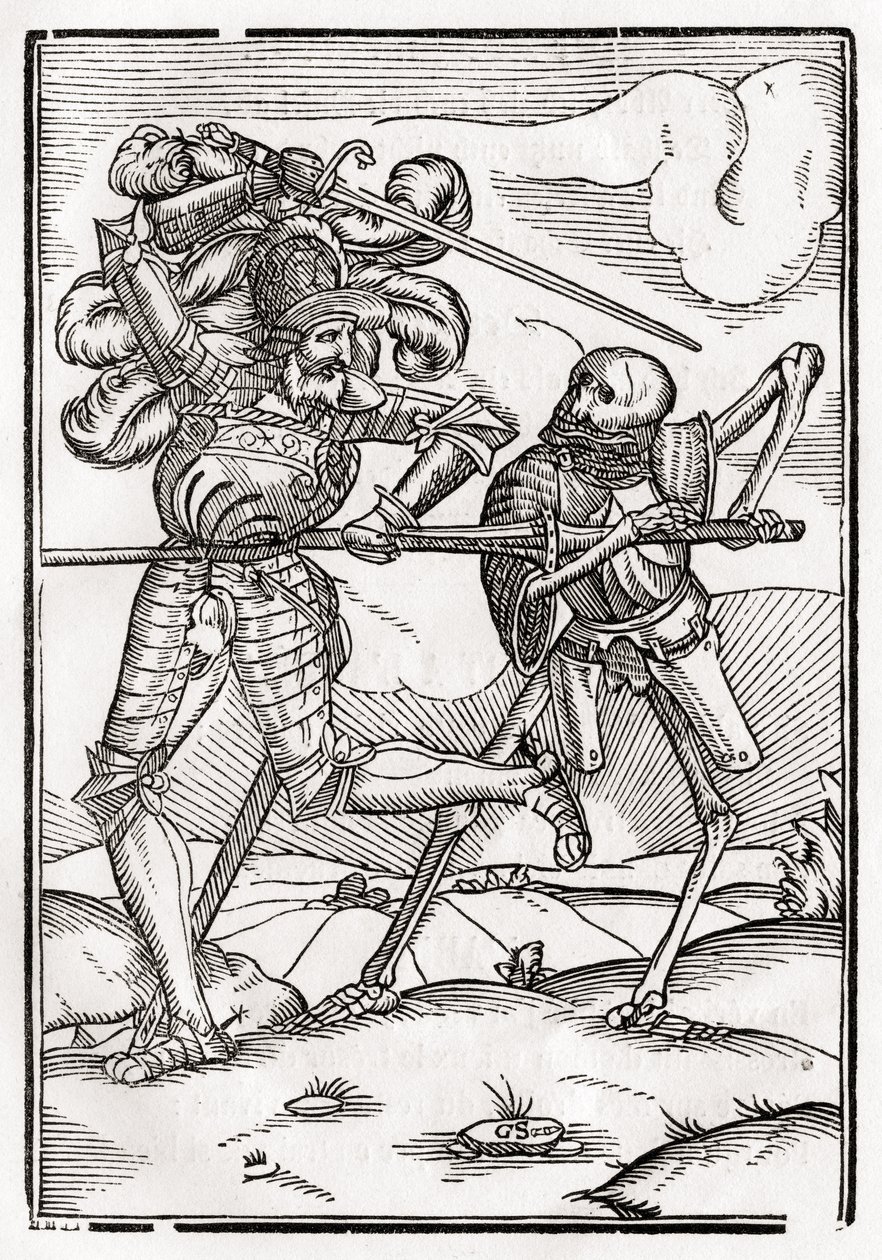 Kuolema tulee ritariin tai kreiviin, "Der Todten Tanz", julkaistu Basel, 1843 tekijältä Hans Holbein der Jüngere
