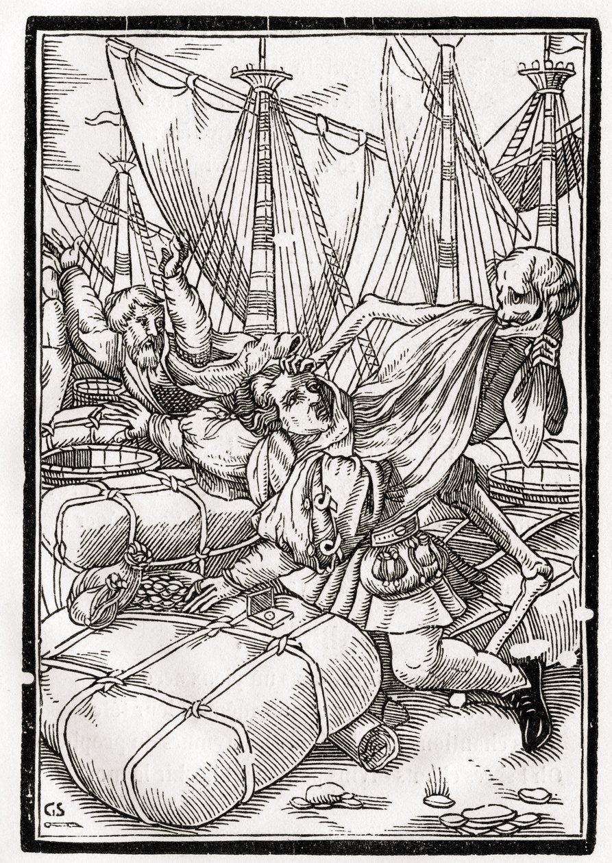 Kuolema tulee kauppiaalle, kaiverrus Georg Scharffenberg, "Der Todten Tanz", julkaistu Basel, 1843 tekijältä Hans Holbein der Jüngere