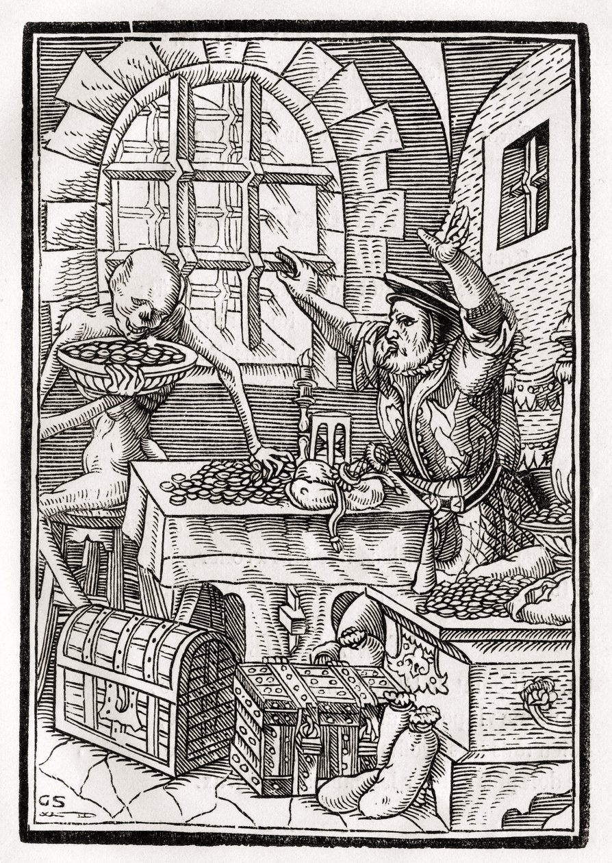 Kuolema tulee miserille tai koronnakijalle, kaivertanut Georg Scharffenberg, "Der Todten Tanz", julkaistu Basel, 1843 tekijältä Hans Holbein der Jüngere