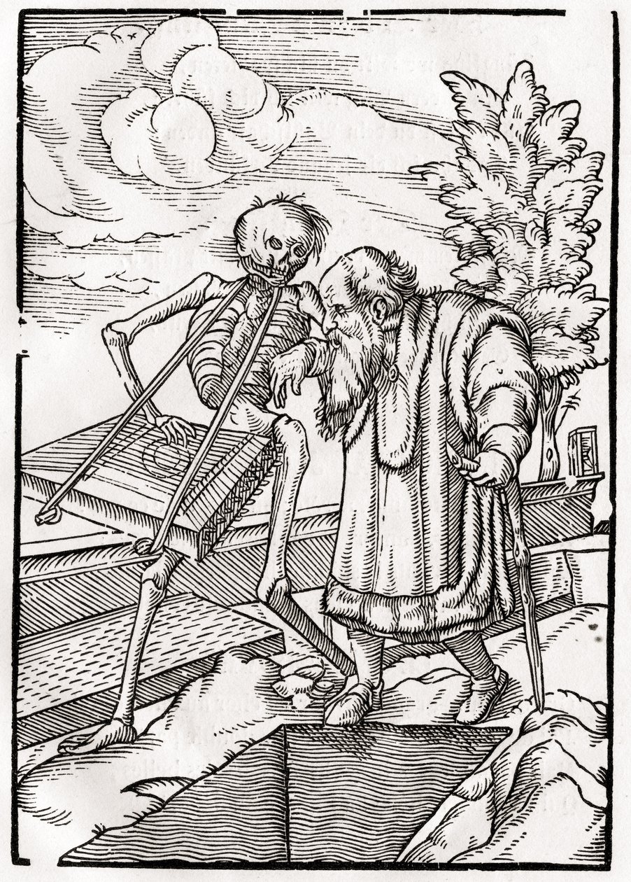 Kuolema tulee vanhalle miehelle eli erakkolle julkaisusta "Der Todten Tanz", julkaistu Basel, 1843 tekijältä Hans Holbein der Jüngere