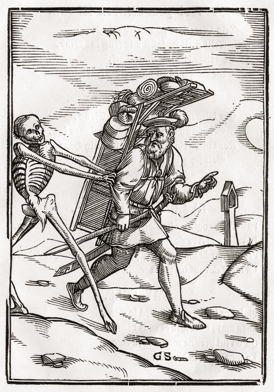 Kuolema tulee Pedlariin, kaivertanut Georg Scharffenberg, "Der Todten Tanz", julkaistu Basel, 1843 tekijältä Hans Holbein der Jüngere