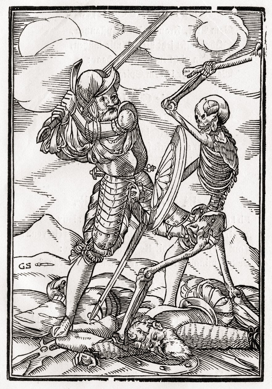 Kuolema tulee sotilaalle, kaiverrus Georg Scharffenberg, "Der Todten Tanz", julkaistu Basel, 1843 tekijältä Hans Holbein der Jüngere