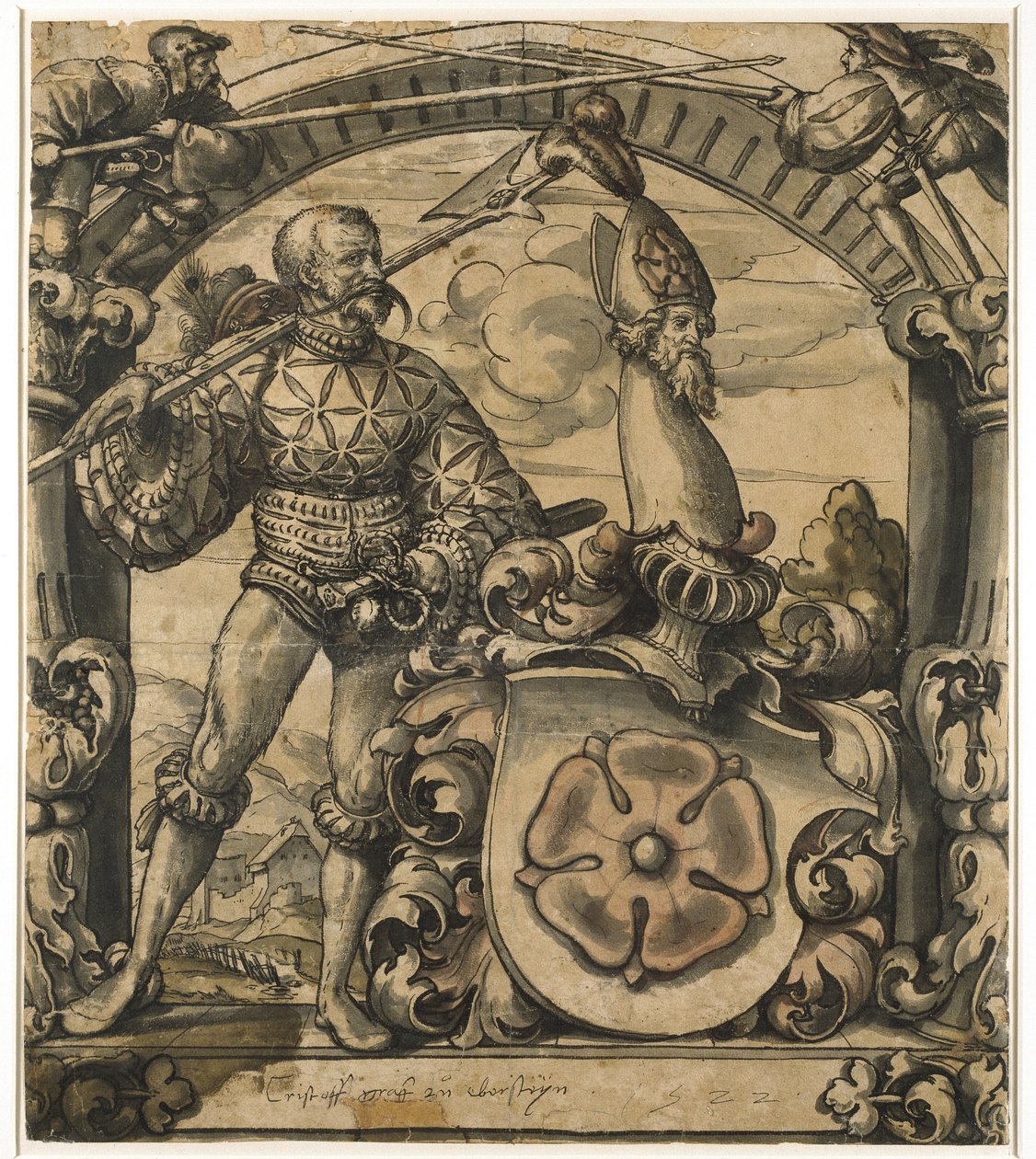 Suunnitelma lasimaalauksen heraldista taulua varten, 1522 (kynä ja mustaa tussia, tussi ja pesu). tekijältä Hans Holbein der Jüngere